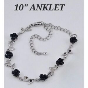 Silver and Black Rose W Colored Rhinestone Leaves Ankle Bracelet